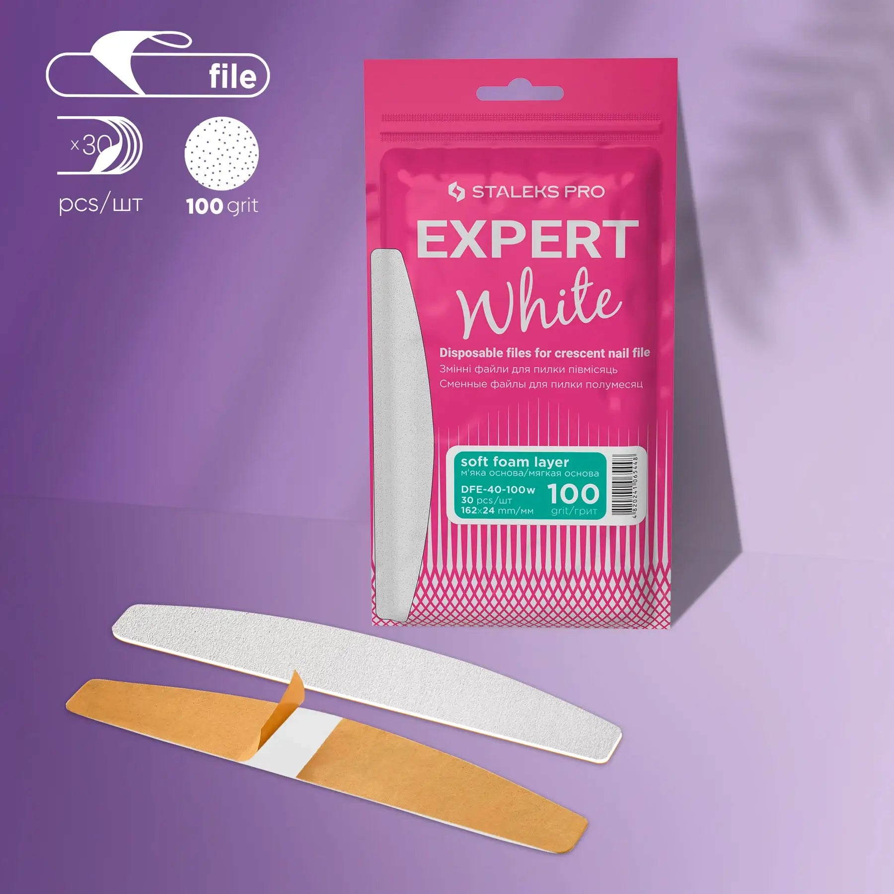 Staleks Disposable White Files With Soft Foam Base for Crescent Nail File EXPERT 40 (30 pcs)